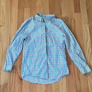 Vineyard Vines Shirt Boys Small Blue Red Checkered Print Button Up Casual